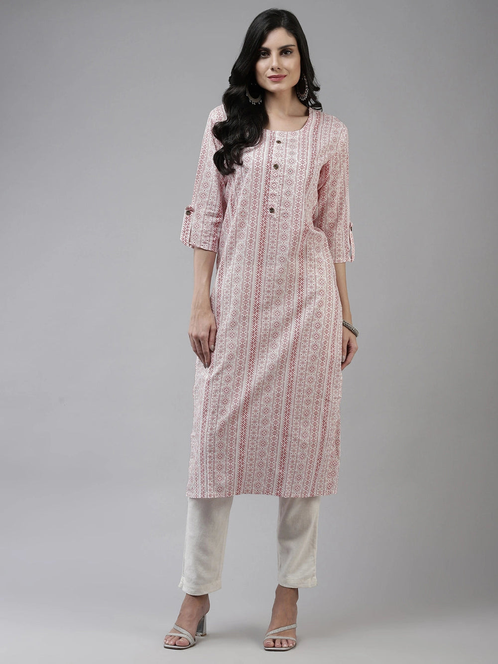 Peach Printed Cotton Kurta-Yufta Store-4787KURPCM