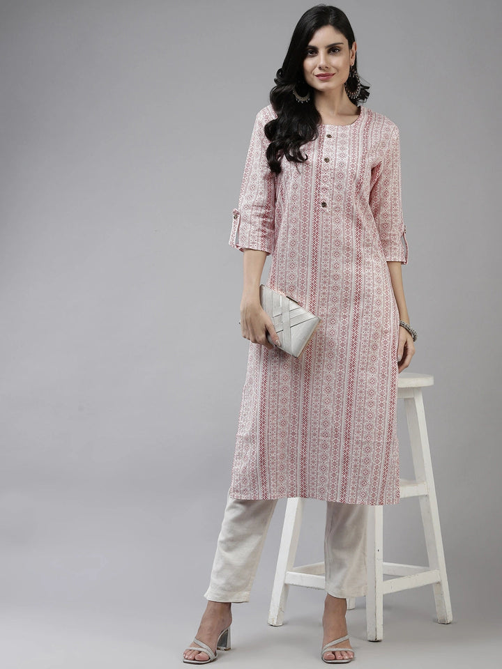 Peach Printed Cotton Kurta-Yufta Store-4787KURPCM