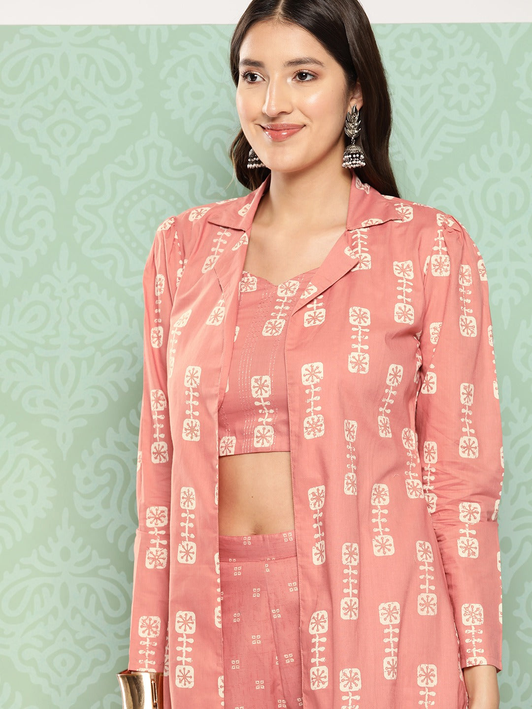 Peach Printed Cotton Top with Trousers with Shrug-Yufta Store-1520CRDPCS