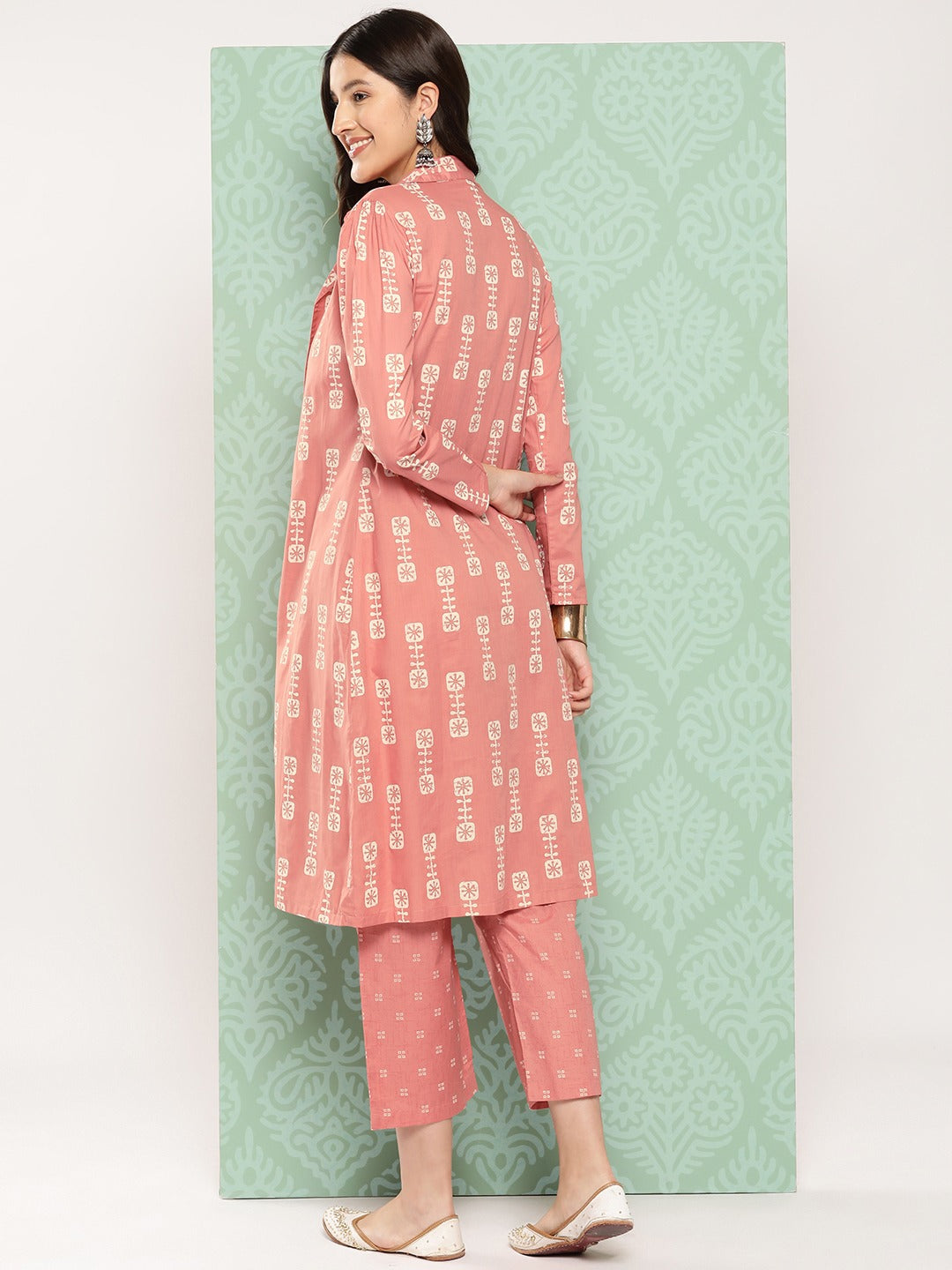 Peach Printed Cotton Top with Trousers with Shrug-Yufta Store-1520CRDPCS