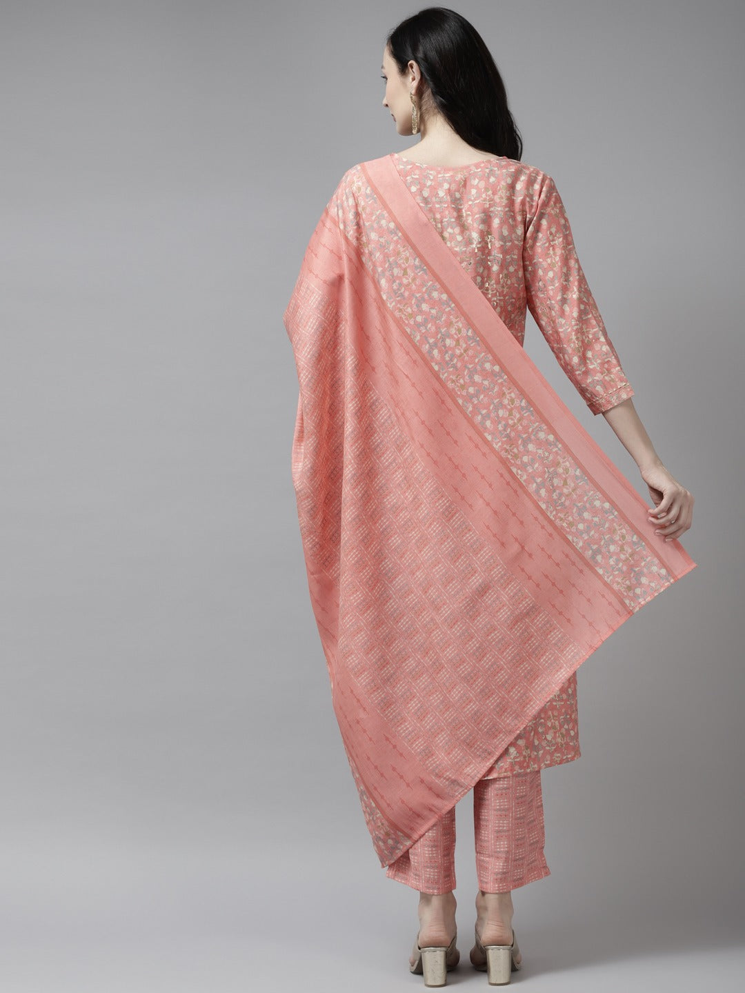 Peach Printed Dupatta Set-Yufta Store-1108SKDPCM