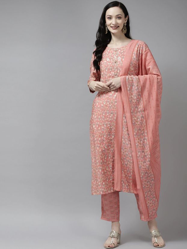 Peach Printed Dupatta Set-Yufta Store-1108SKDPCM