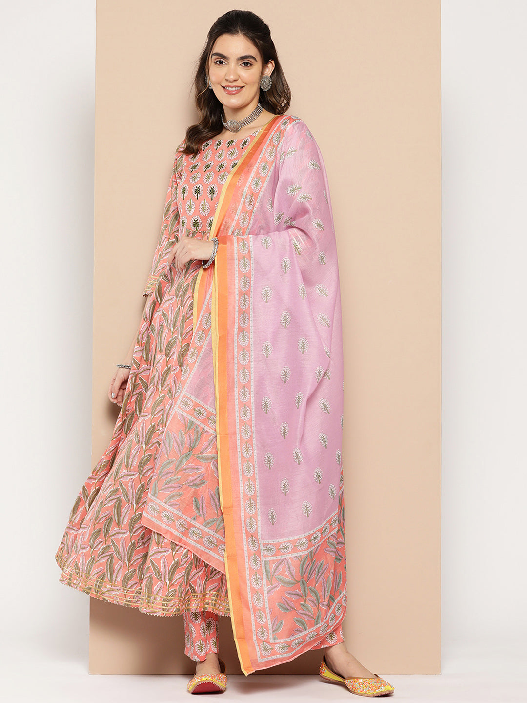 Peach Printed Dupatta Set-Yufta Store-2339SKDPCS