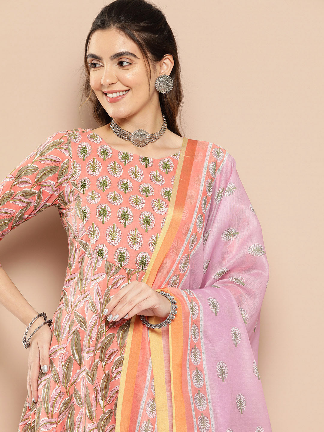 Peach Printed Dupatta Set-Yufta Store-2339SKDPCS