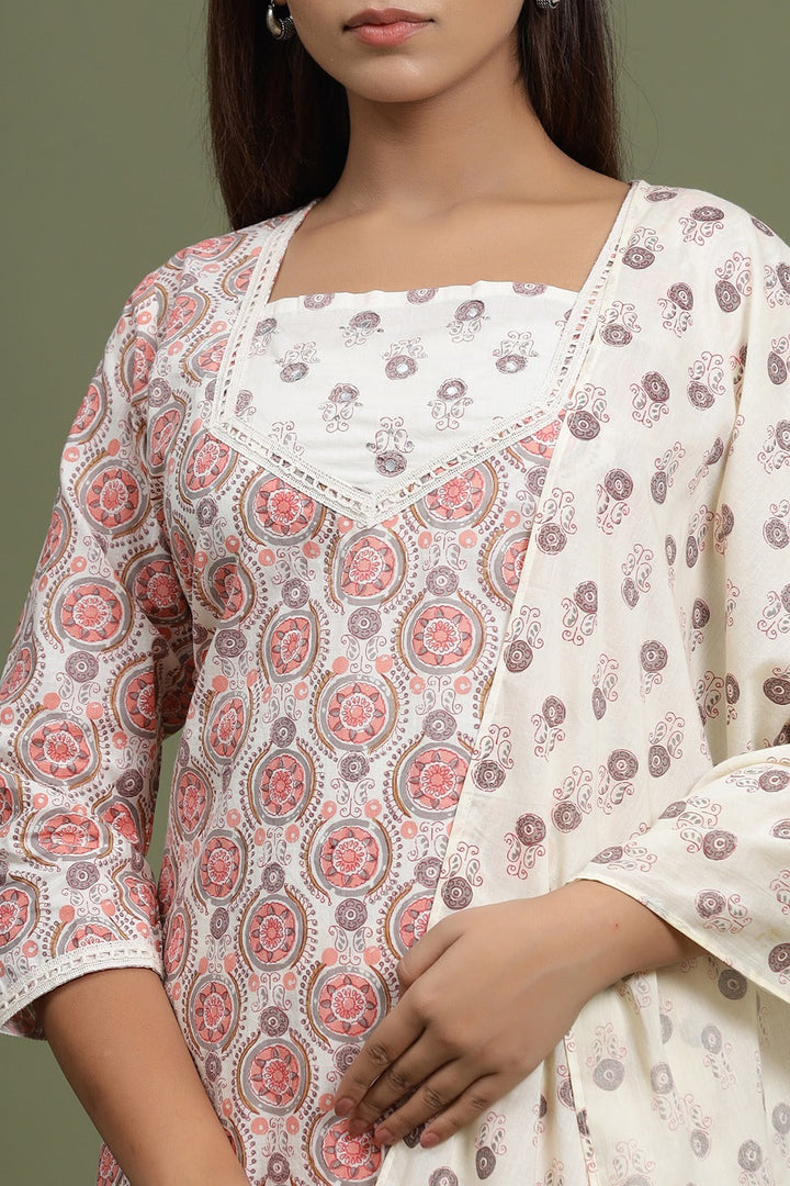 Peach Printed Dupatta Set-Yufta Store-2713SKDPCM