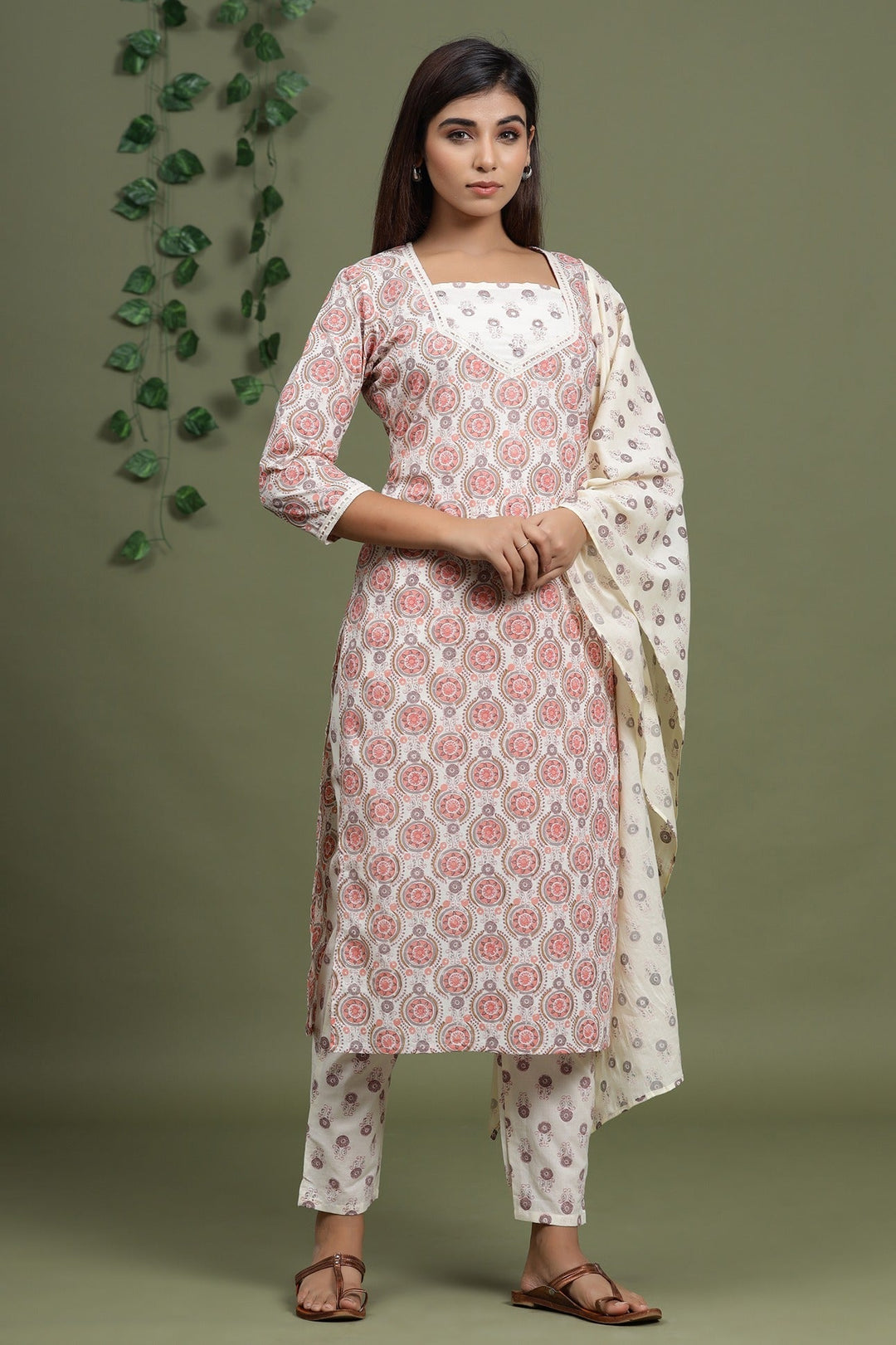 Peach Printed Dupatta Set-Yufta Store-2713SKDPCM