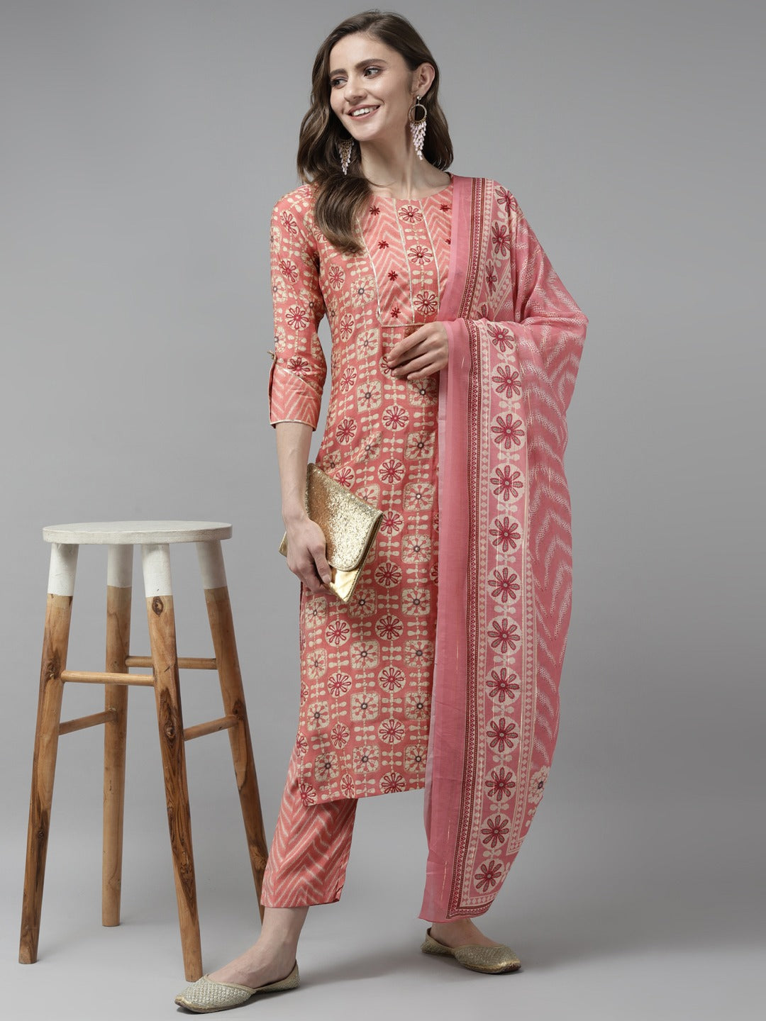 Peach Printed Dupatta Set-Yufta Store-9808SKDPCS