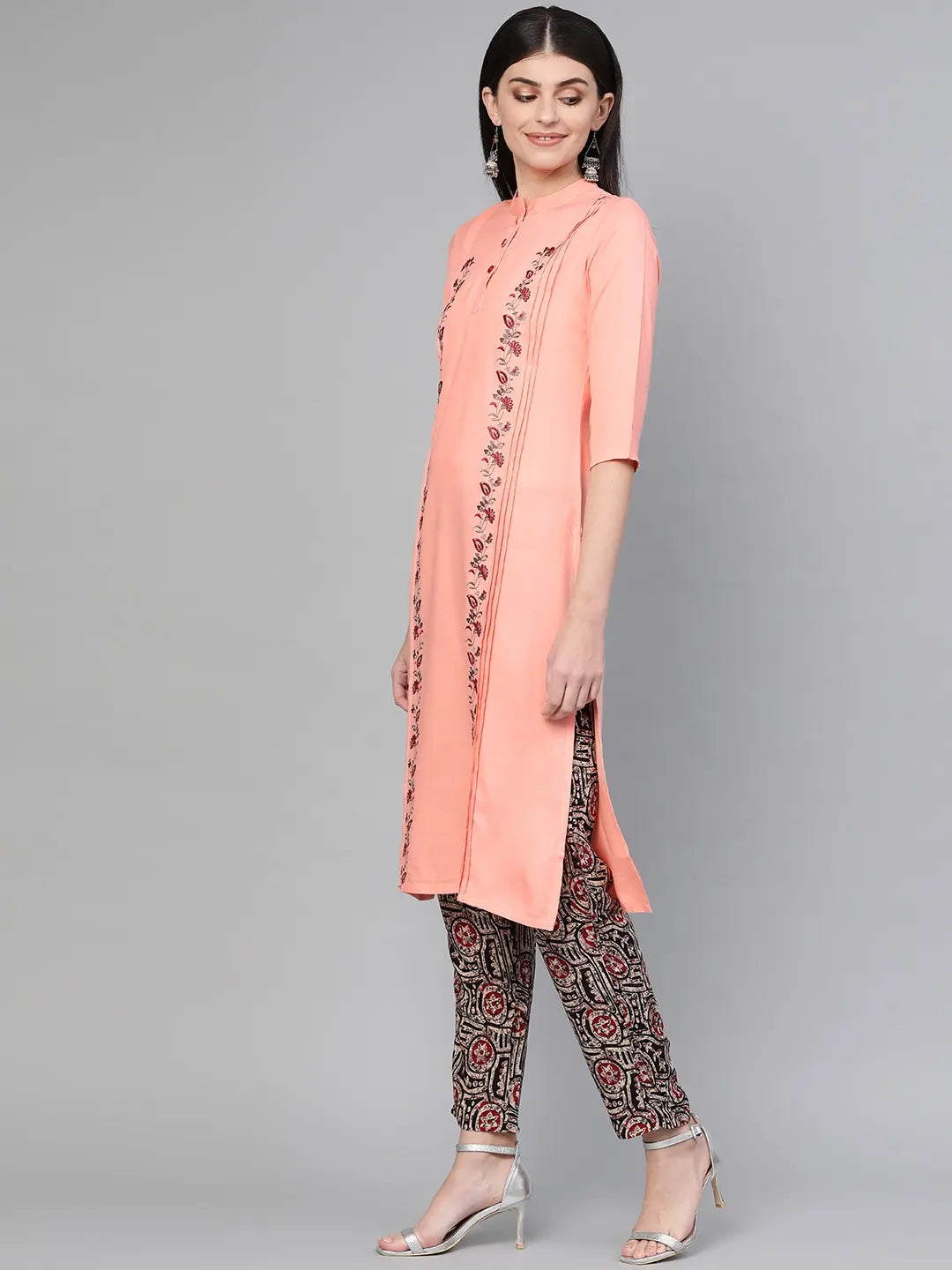 Peach Printed Kurta Set-Yufta Store-1803SETPCS