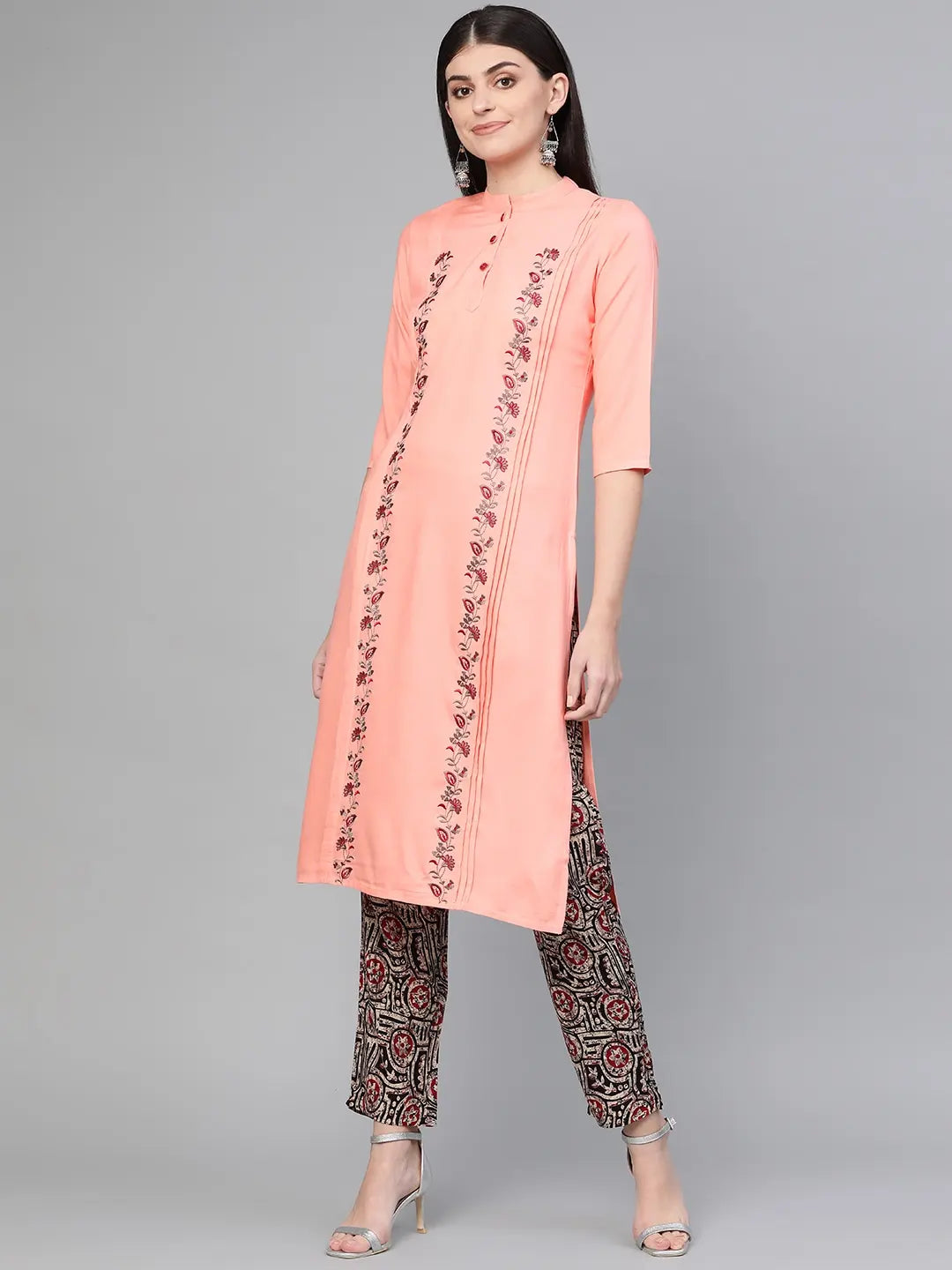 Peach Printed Kurta Set-Yufta Store-1803SETPCS