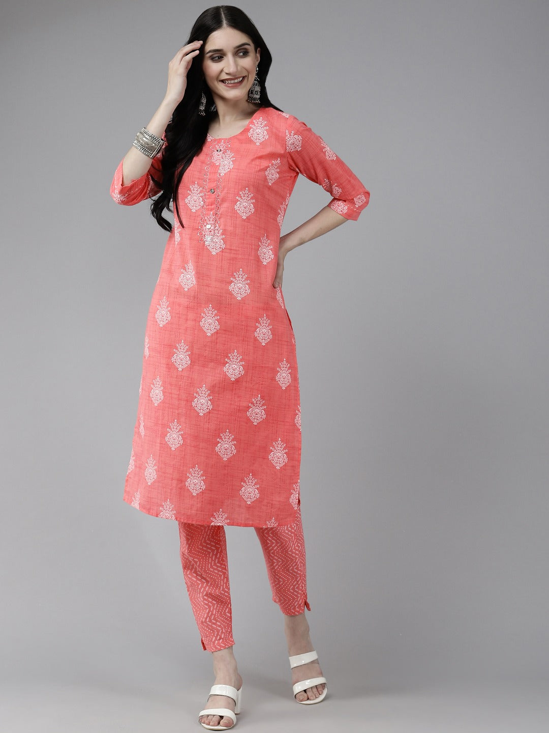 Peach Printed Kurta Set-Yufta Store-4767SETPCM