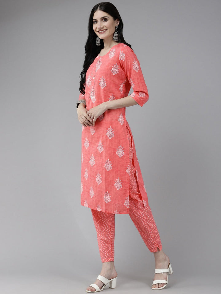 Peach Printed Kurta Set-Yufta Store-4767SETPCM