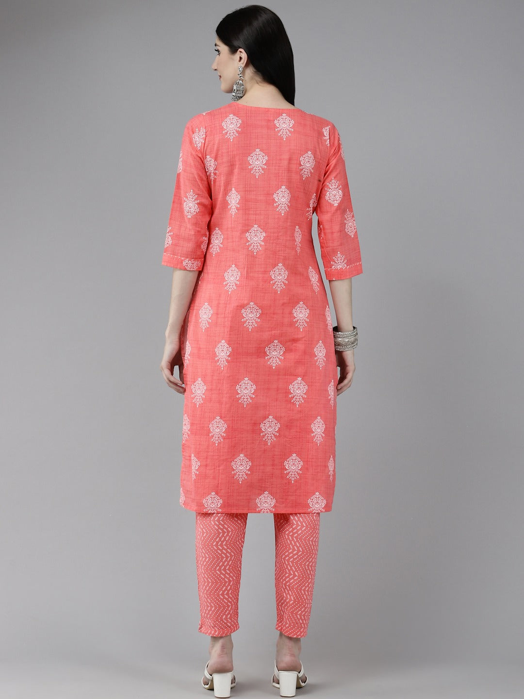 Peach Printed Kurta Set-Yufta Store-4767SETPCM