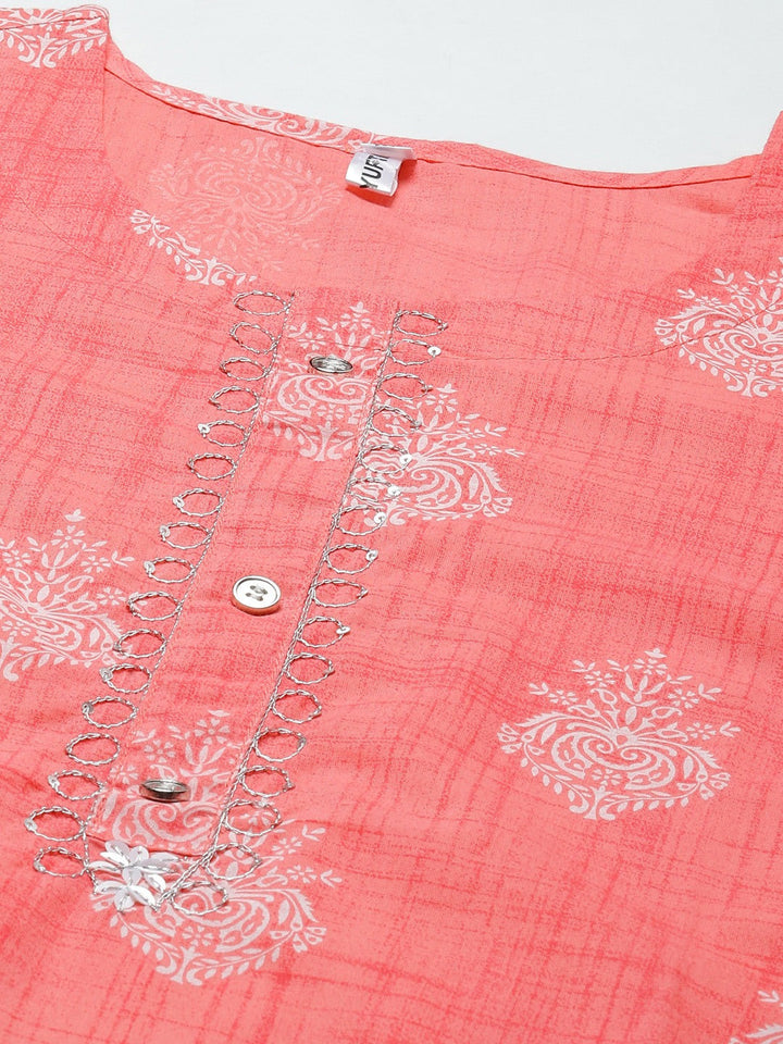 Peach Printed Kurta Set-Yufta Store-4767SETPCM