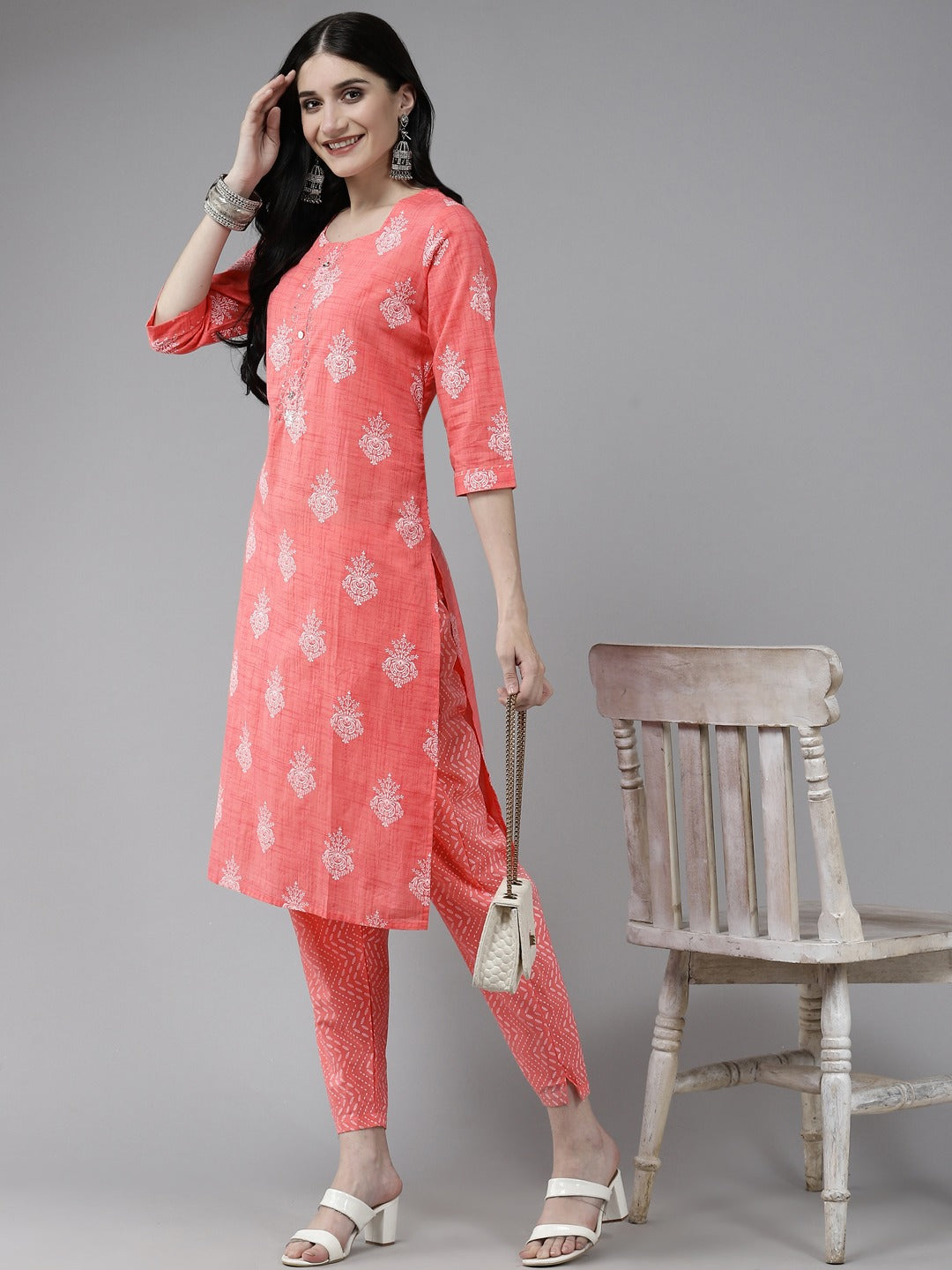 Peach Printed Kurta Set-Yufta Store-4767SETPCM