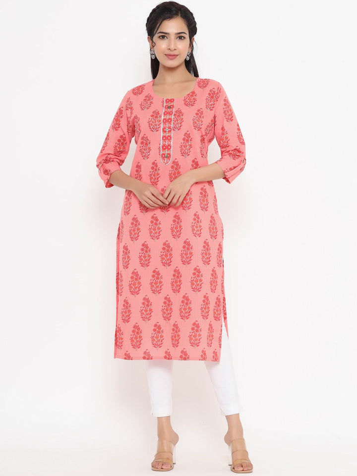 Peach-Printed Kurta-Yufta Store-4735KURPCS