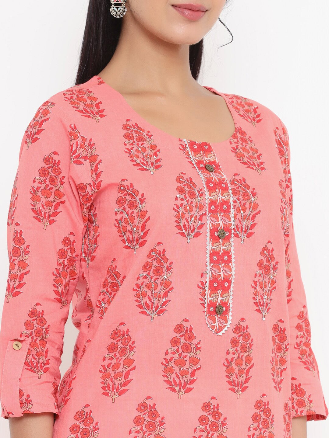 Peach-Printed Kurta-Yufta Store-4735KURPCS