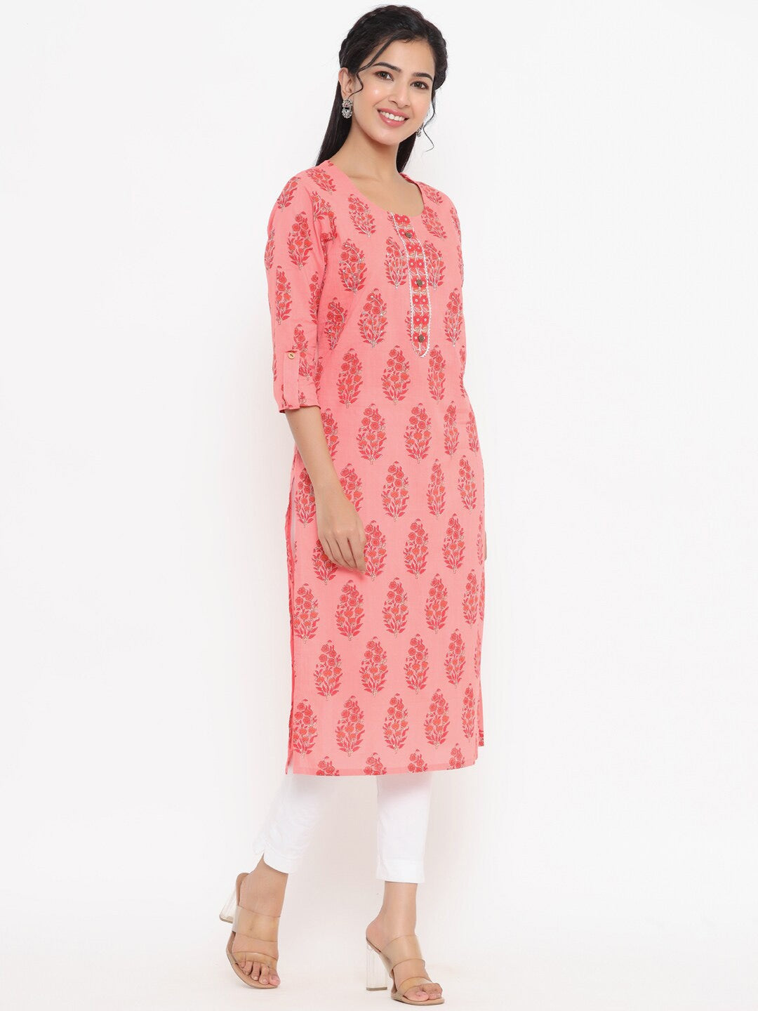 Peach-Printed Kurta-Yufta Store-4735KURPCS