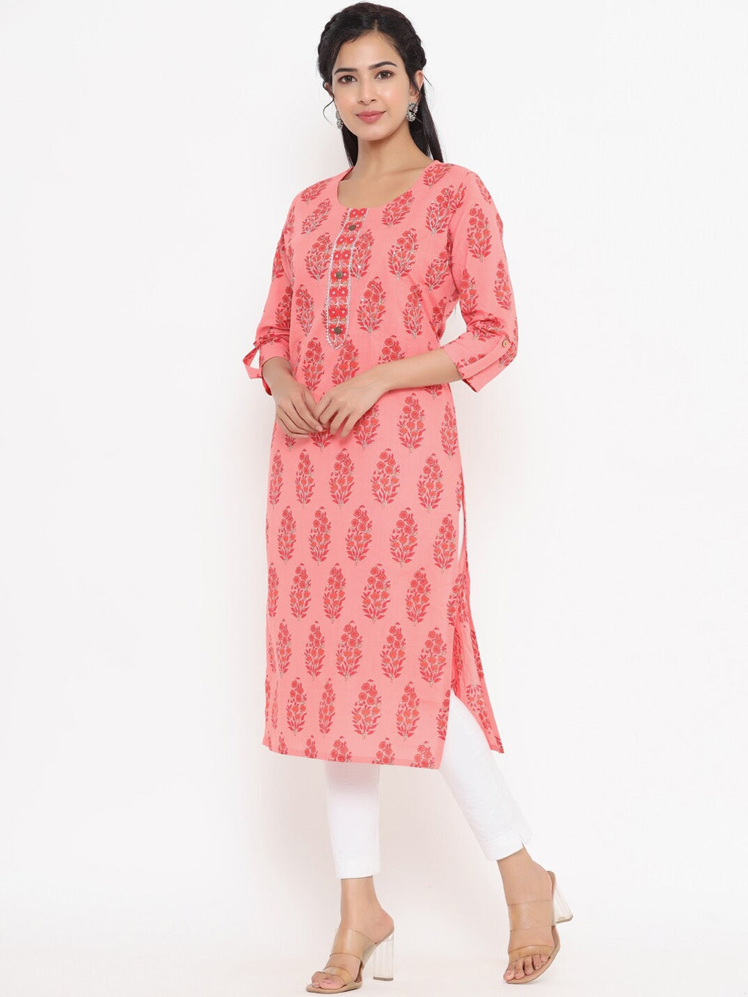 Peach-Printed Kurta-Yufta Store-4735KURPCS