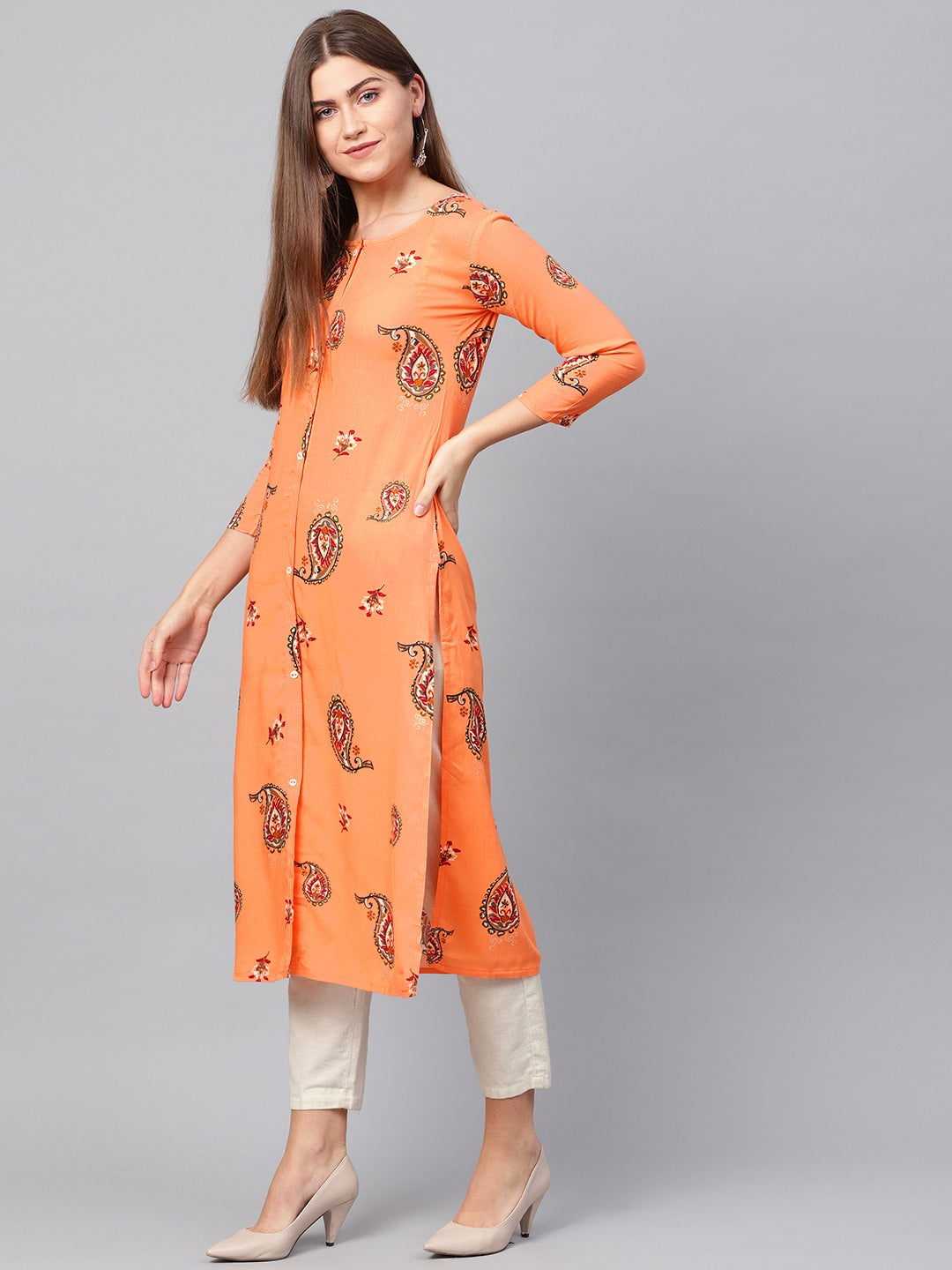 Peach Straight Kurta-Yufta Store-679KURORS