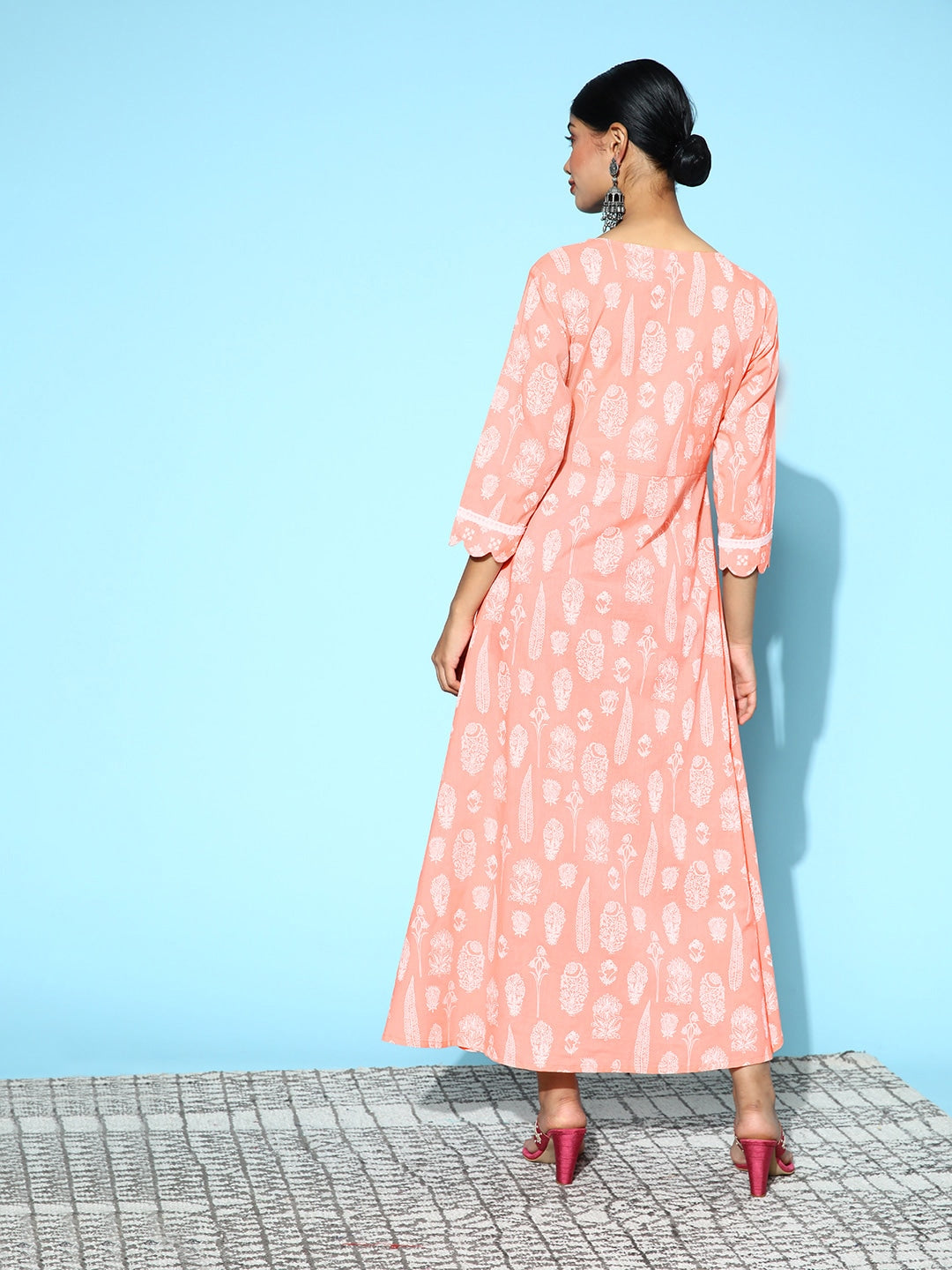 Peach & White Ethnic A-Line Midi Dress-Yufta Store-9585DRSPCS