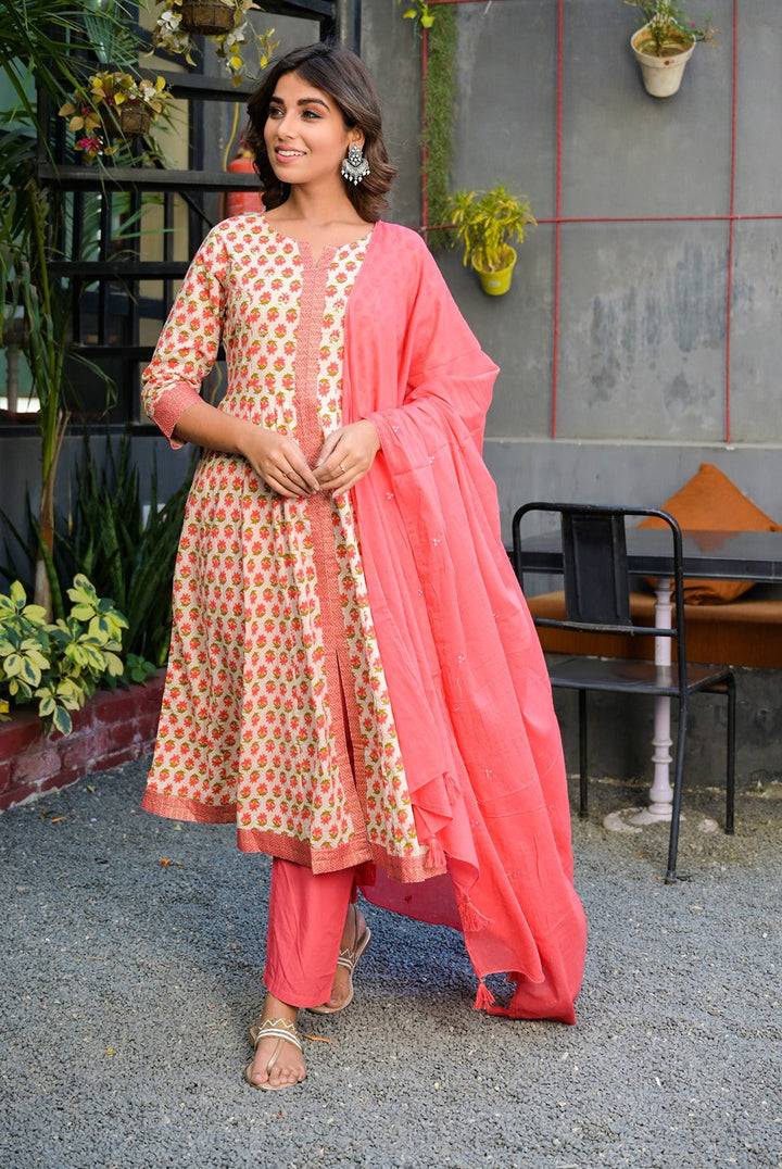 Peach and Beige Printed Dupatta Set-Yufta Store-7604SETPCS