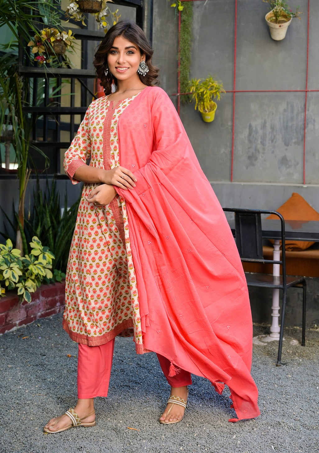 Peach and Beige Printed Dupatta Set-Yufta Store-7604SETPCS