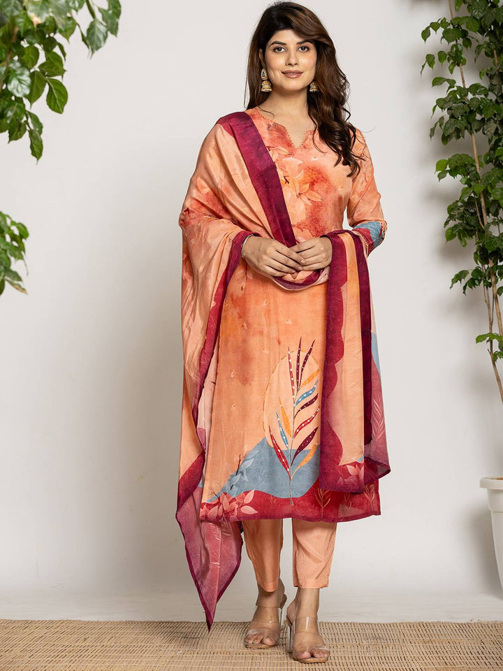 Peach Pure Crepe Placement Print Kurta Dupatta Set