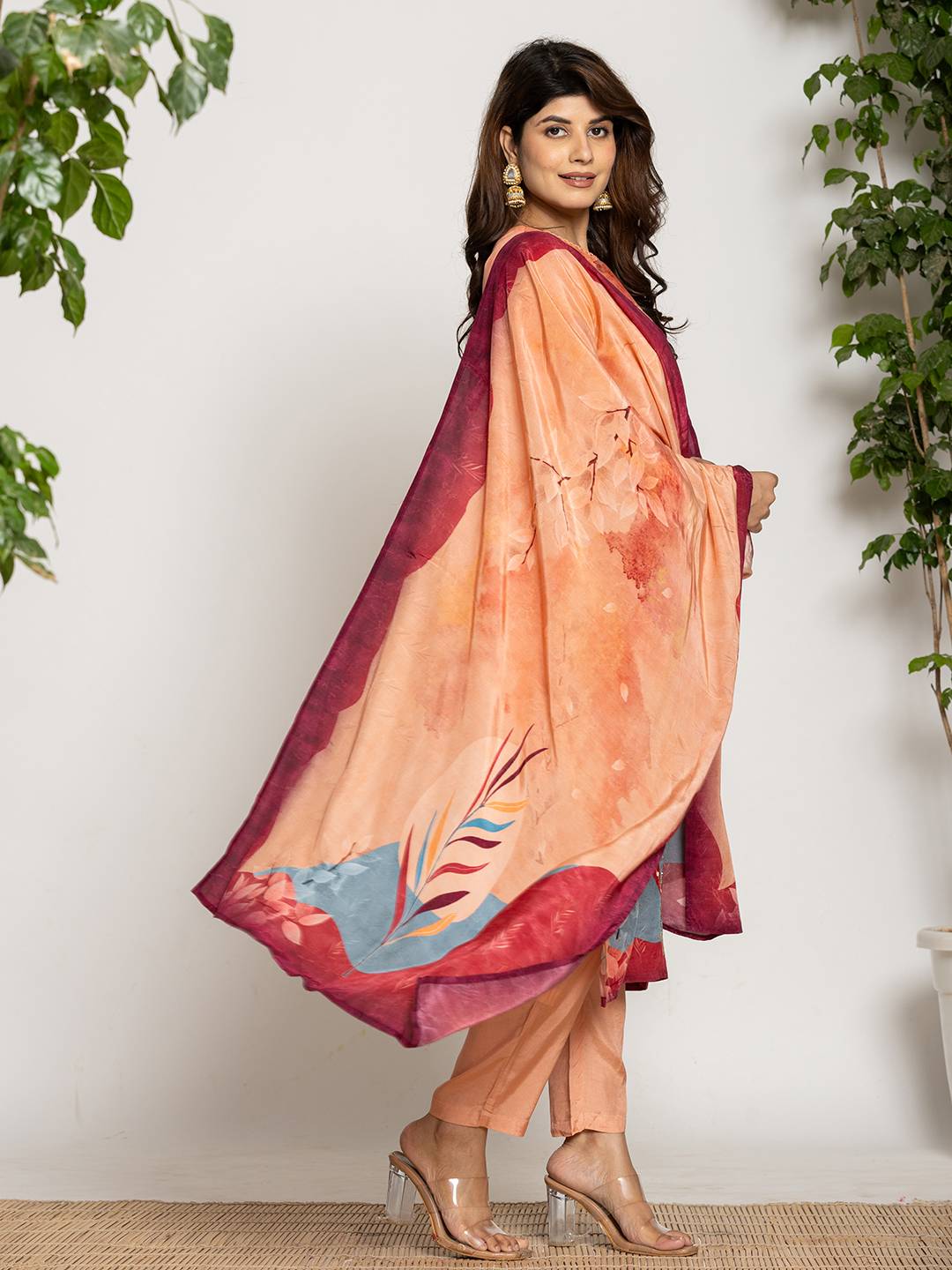 Peach Pure Crepe Placement Print Kurta Dupatta Set