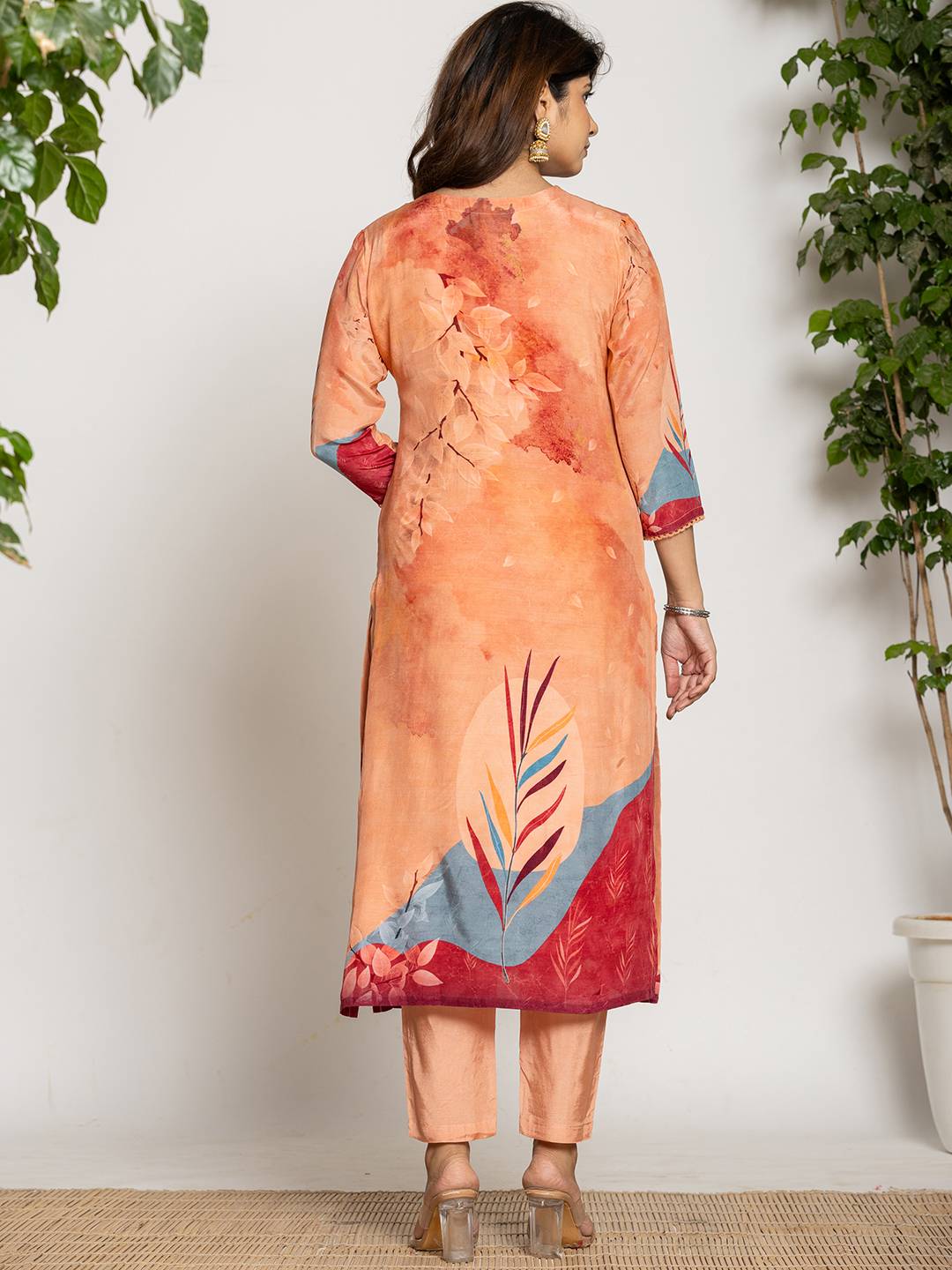 Peach Pure Crepe Placement Print Kurta Dupatta Set