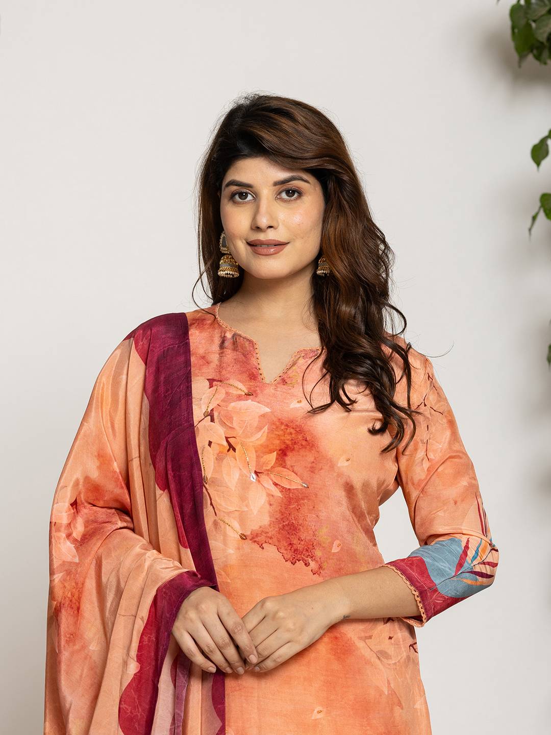 Peach Pure Crepe Placement Print Kurta Dupatta Set