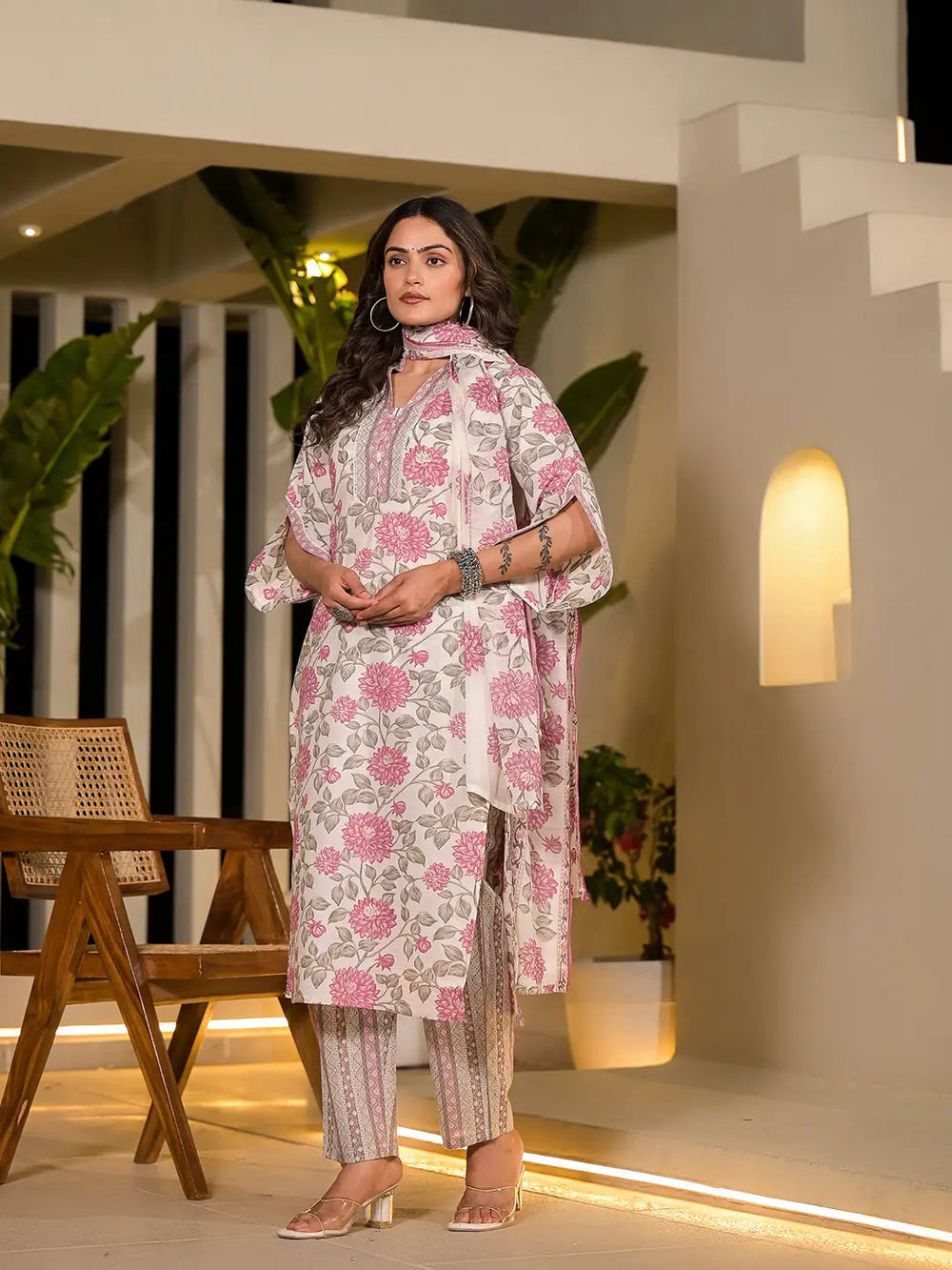 Pink And Off White Floral Print Cotton Straight Style Kurta And Trousers With Dupatta-Yufta Store-1007SKDPKS