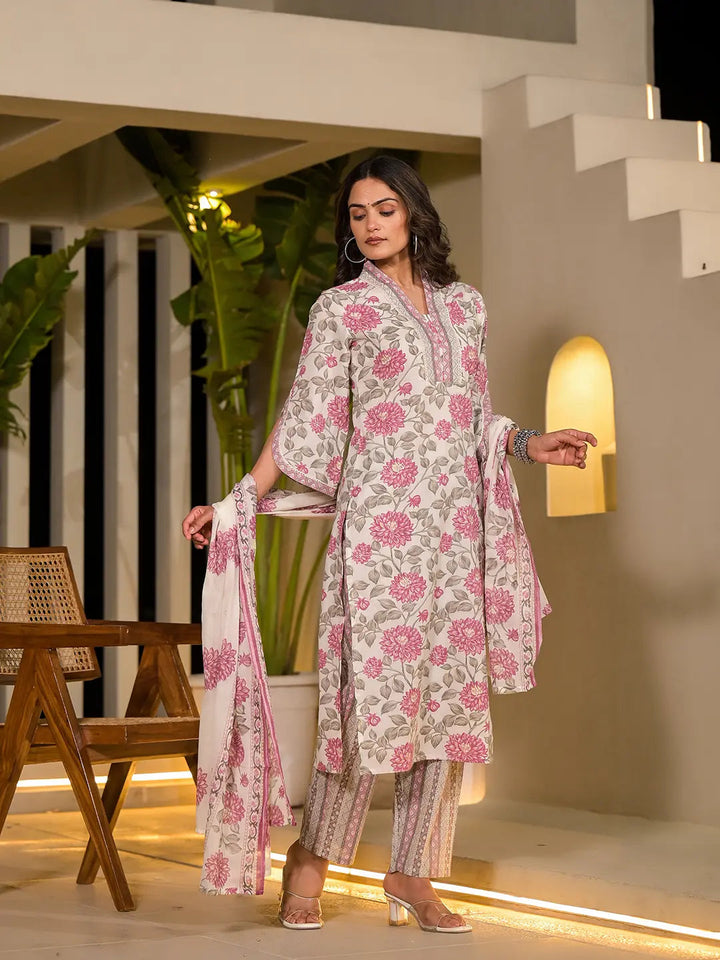 Pink And Off White Floral Print Cotton Straight Style Kurta And Trousers With Dupatta-Yufta Store-1007SKDPKS