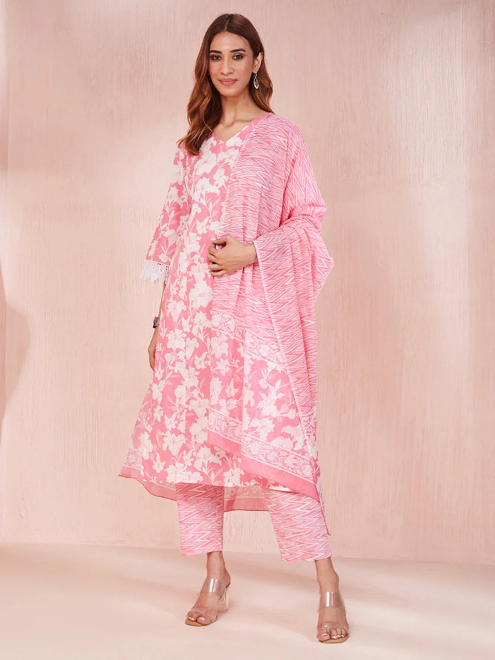 Pink And White Floral Print Lese Sleeves V-Neck Straight Kurta Trouser Set-Yufta Store-6862SKDPKS
