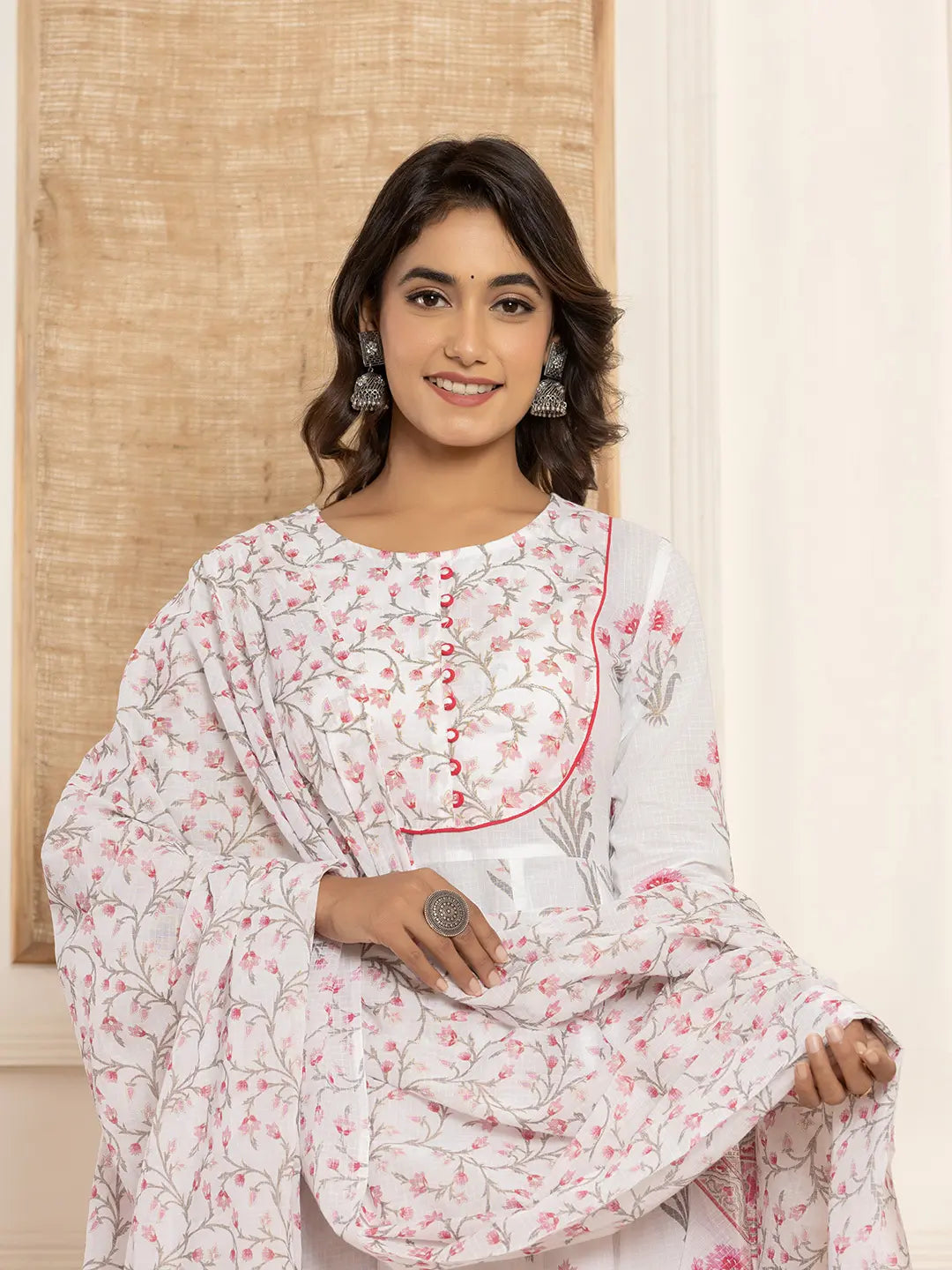 Pink And White Floral Print Piping Anarkali Style Kurta And Trousers With Dupatta Set