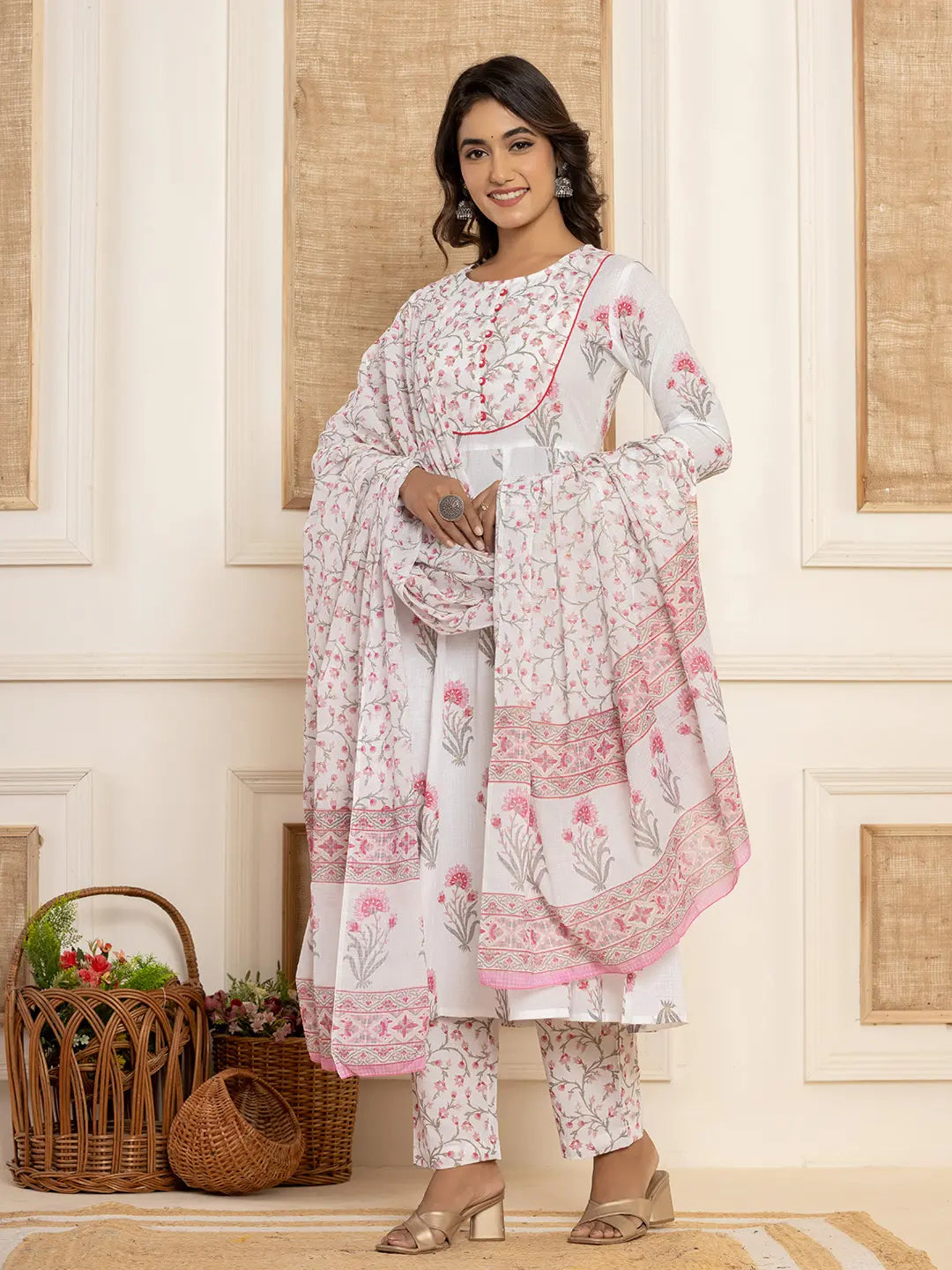 Pink And White Floral Print Piping Anarkali Style Kurta And Trousers With Dupatta Set