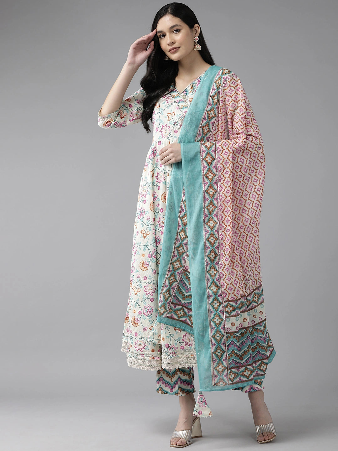 Pink And White Printed Angrakha Gotta Patti Pure Cotton Kurta with Trousers & With Dupatta-Yufta Store-1352SKDPKS