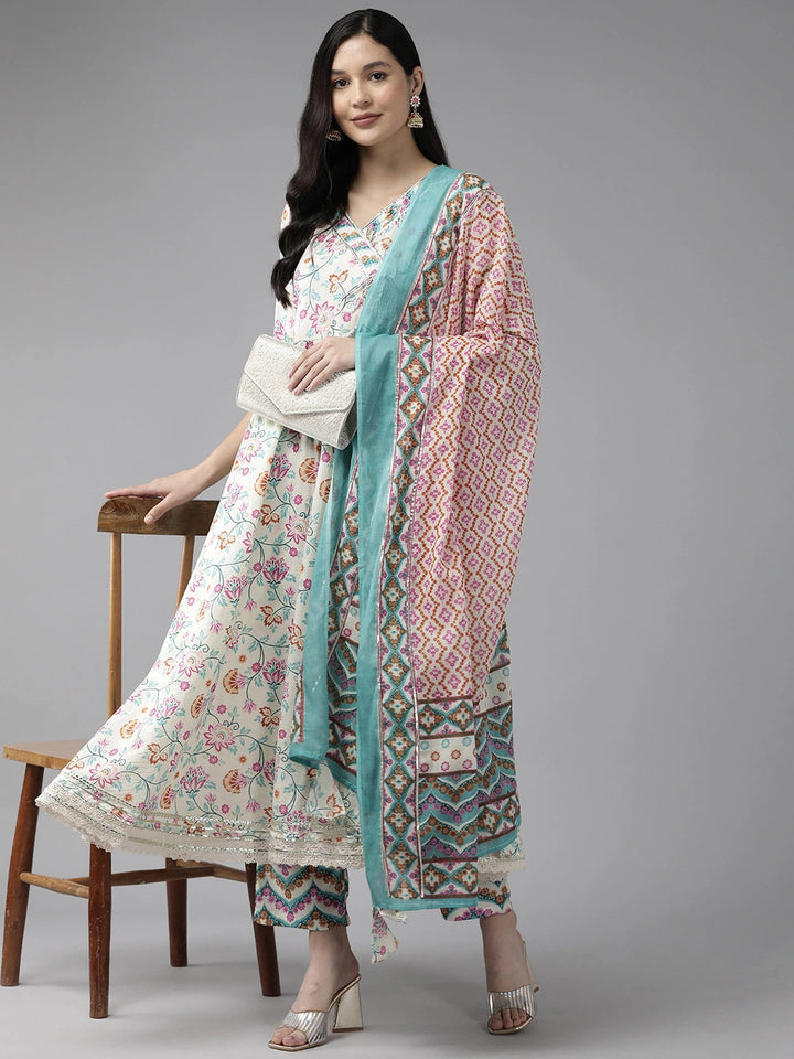 Pink And White Printed Angrakha Gotta Patti Pure Cotton Kurta with Trousers & With Dupatta-Yufta Store-1352SKDPKS