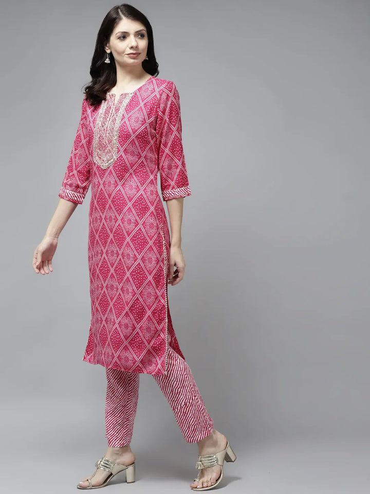 Pink Bandhani Printed Dupatta Set-Yufta Store-5907SKDPKM