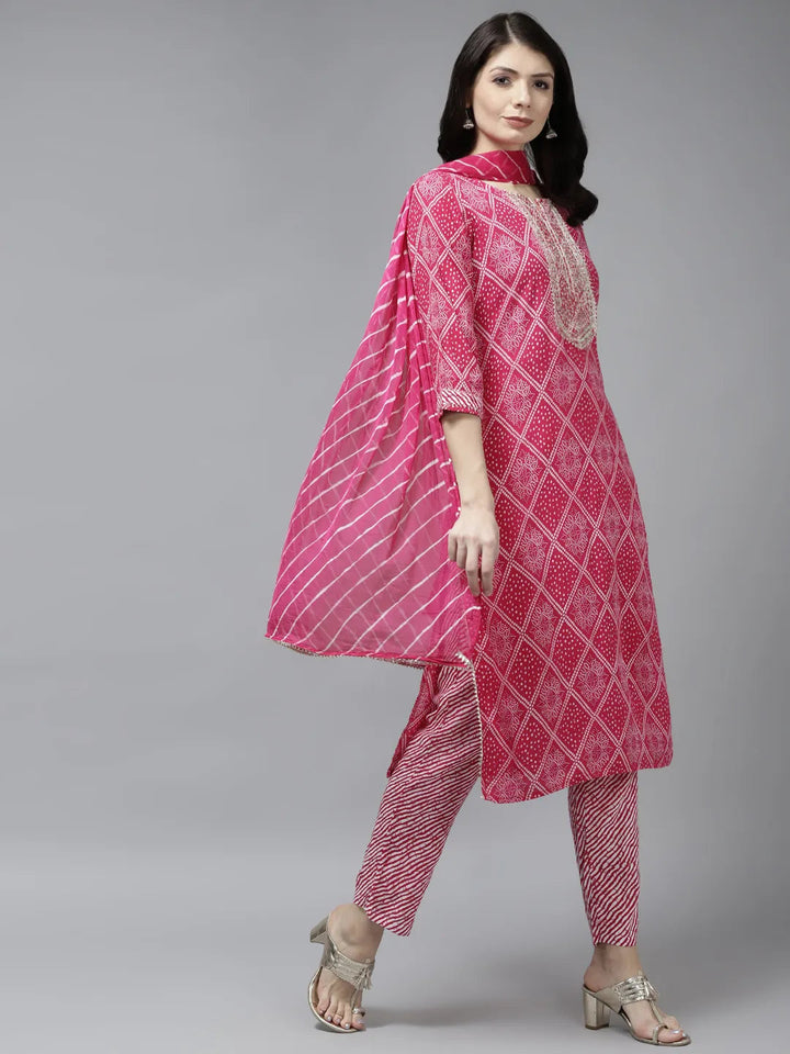 Pink Bandhani Printed Dupatta Set-Yufta Store-5907SKDPKM