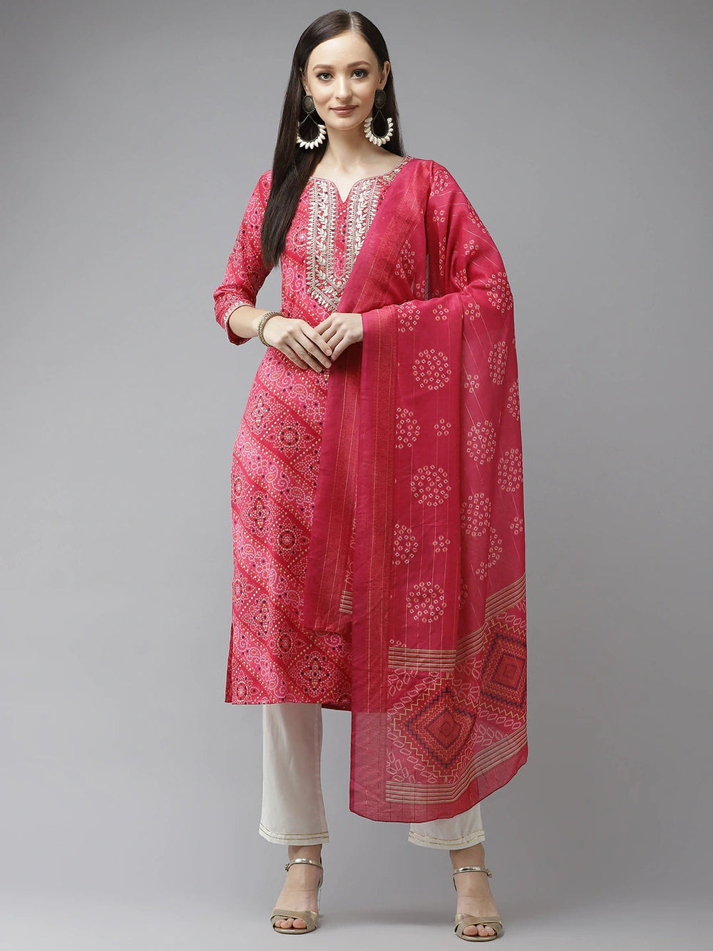 Pink Bandhani Printed Dupatta Set-Yufta Store-9343SKDPKS