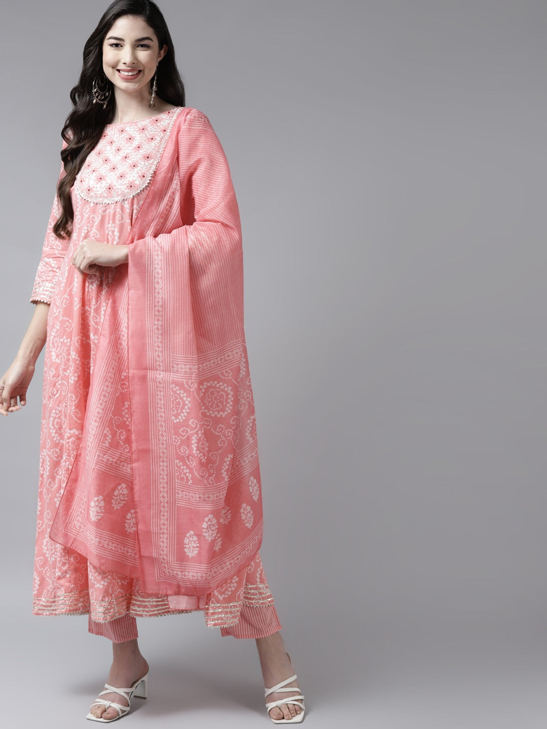 Pink Bandhani Yoke Design Dupatta Set-Yufta Store-2328SKDPKM