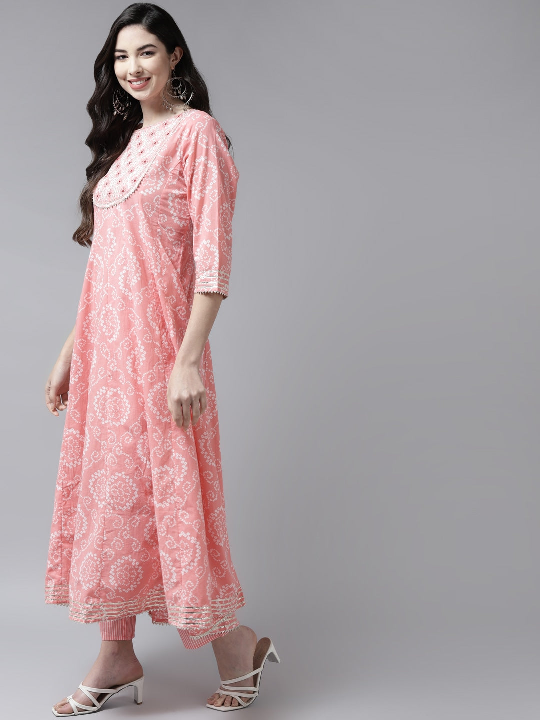 Pink Bandhani Yoke Design Dupatta Set-Yufta Store-2328SKDPKM