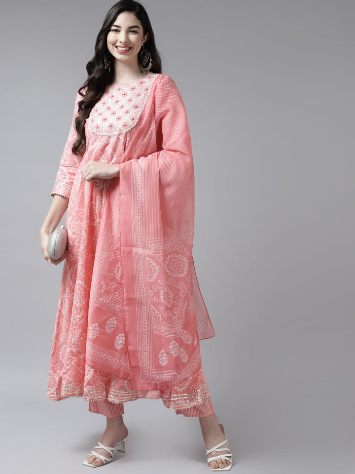 Pink Bandhani Yoke Design Dupatta Set-Yufta Store-2328SKDPKM