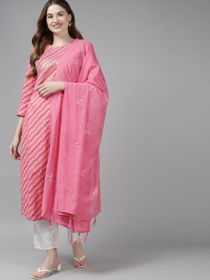 Pink Bandhani Yoke Design Dupatta Set-Yufta Store-9325SKDPKS