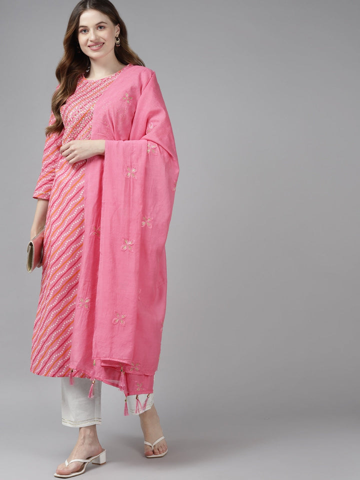 Pink Bandhani Yoke Design Dupatta Set-Yufta Store-9325SKDPKS