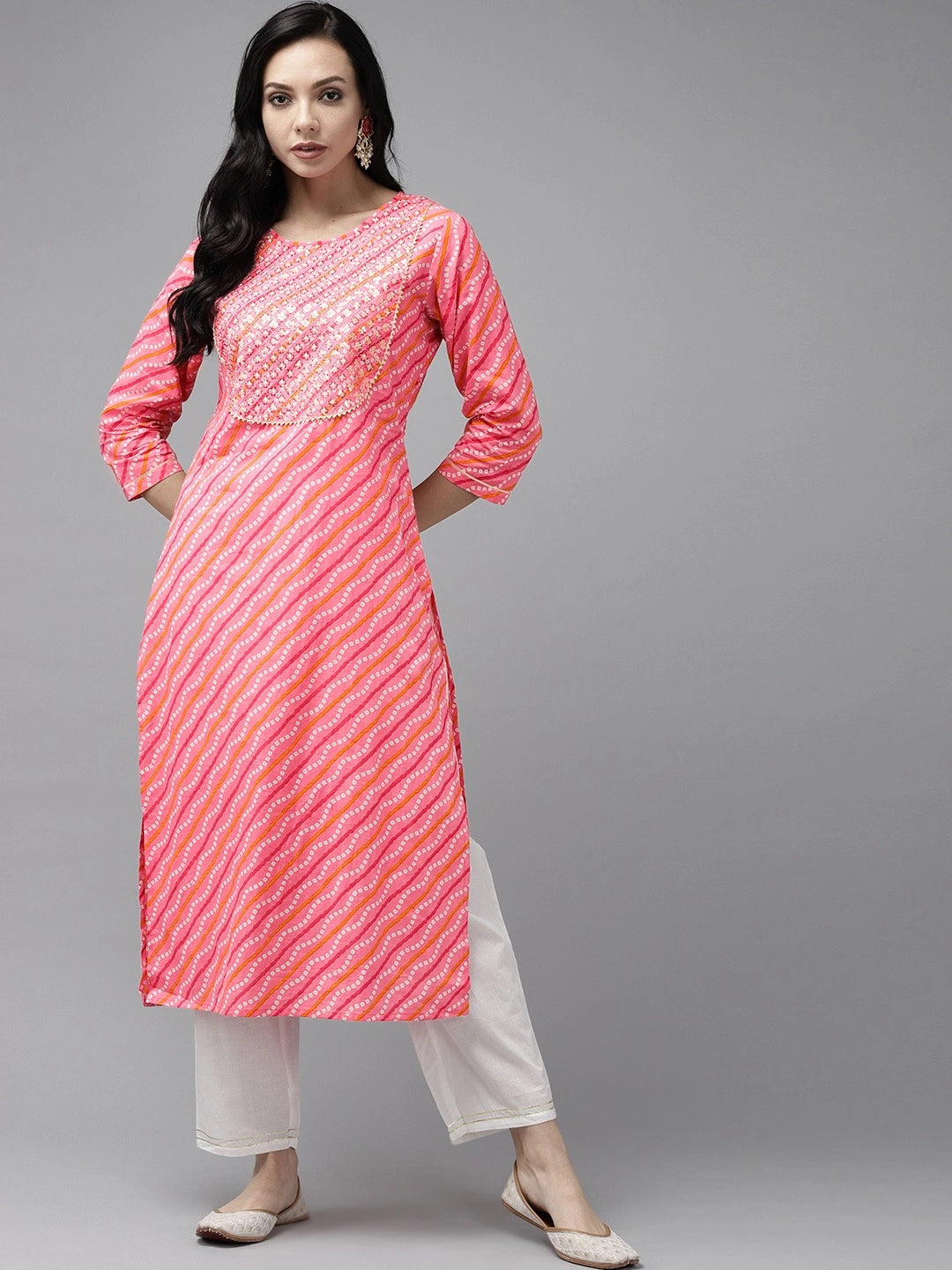 Pink Bandhani Yoke Design Kurta Set-Yufta Store-9325SETPKM