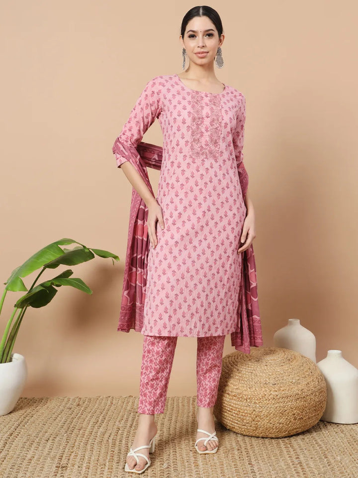 Pink Block Print,Thread_Work Straight Kurta Trouser And Dupatta Set-Yufta Store-1742SKDPKS
