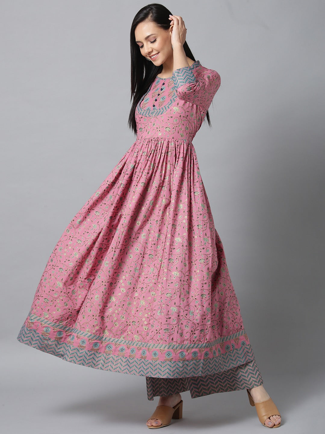 Pink & Blue Printed Kurta-Yufta Store-7308KURPRS