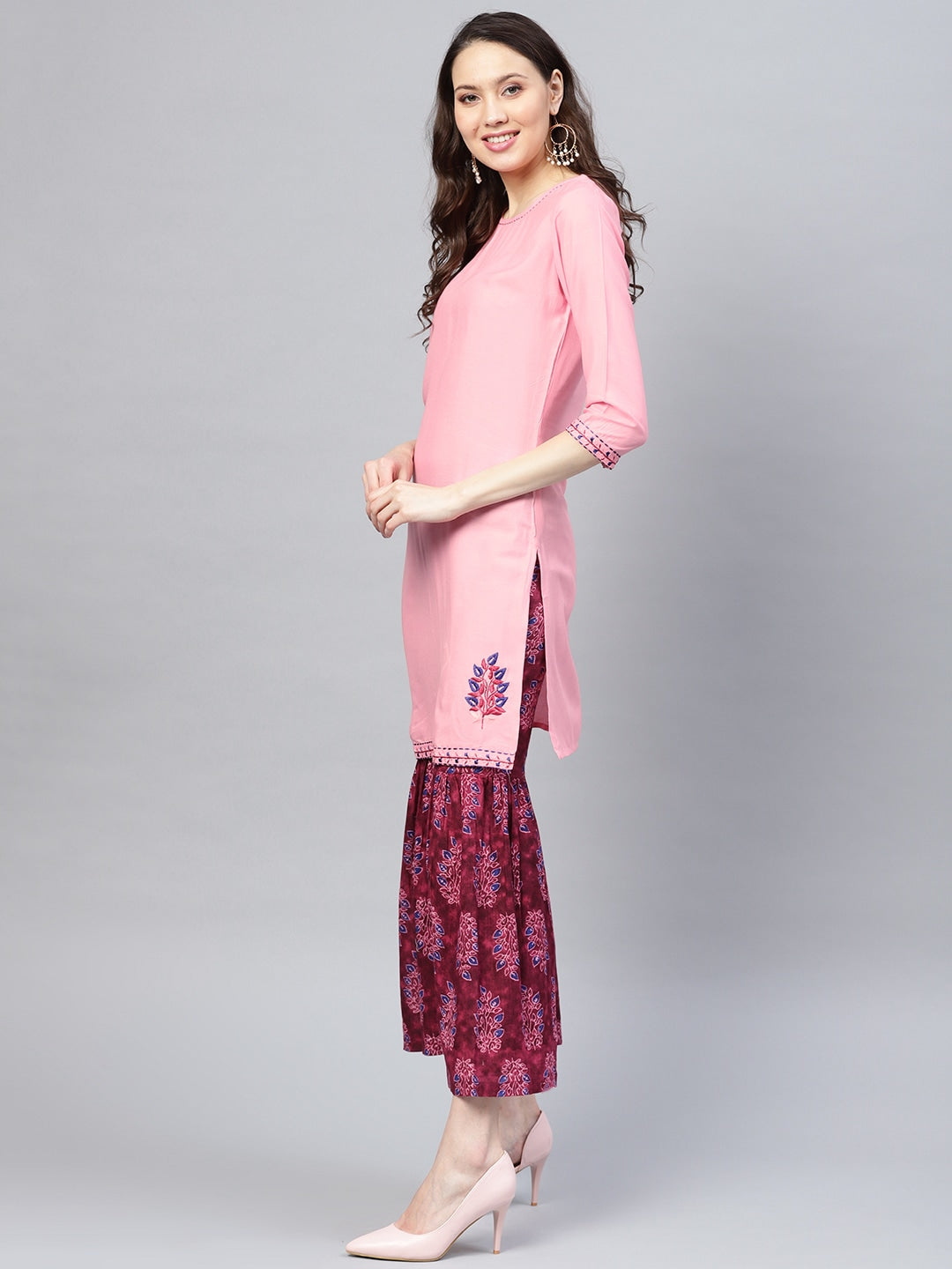 Pink & Burgundy Solid Kurta Set-Yufta Store-1858SETPKS