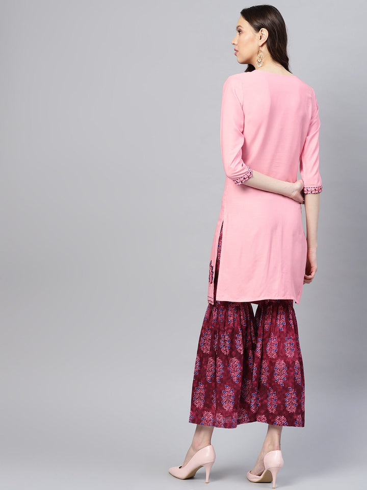 Pink & Burgundy Solid Kurta Set-Yufta Store-1858SETPKS